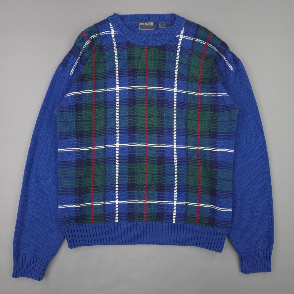 Gulf Traders Sweater Mens Large Blue Plaid Knit Crewneck Pullover Classic Preppy